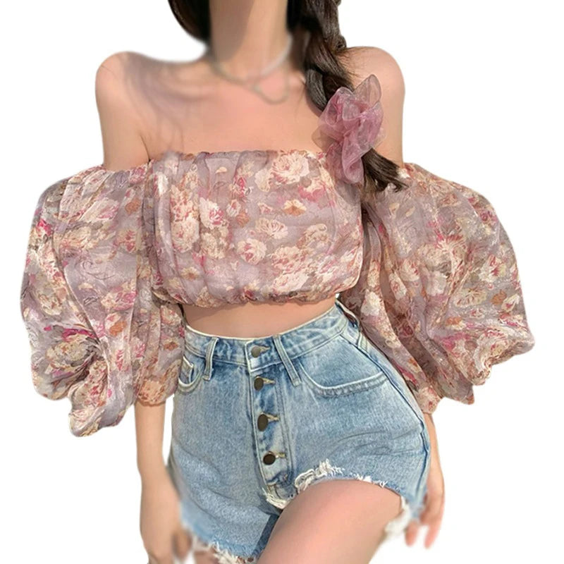 LVSANW Women's Off Shoulder Floral Printed Blouses Puff Sleeve Casual Boho Crop Tops