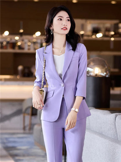 LVSANW Women's Office Suit Fashion Blazer Pantsuit Simple Solid Color 2024 Spring Summer Half Sleeve Top + Trousers 2 Piece Set Blazer