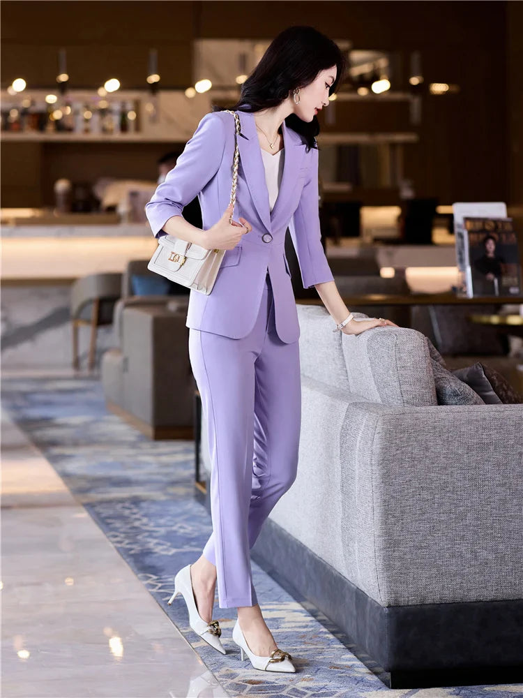 LVSANW Women's Office Suit Fashion Blazer Pantsuit Simple Solid Color 2024 Spring Summer Half Sleeve Top + Trousers 2 Piece Set Blazer