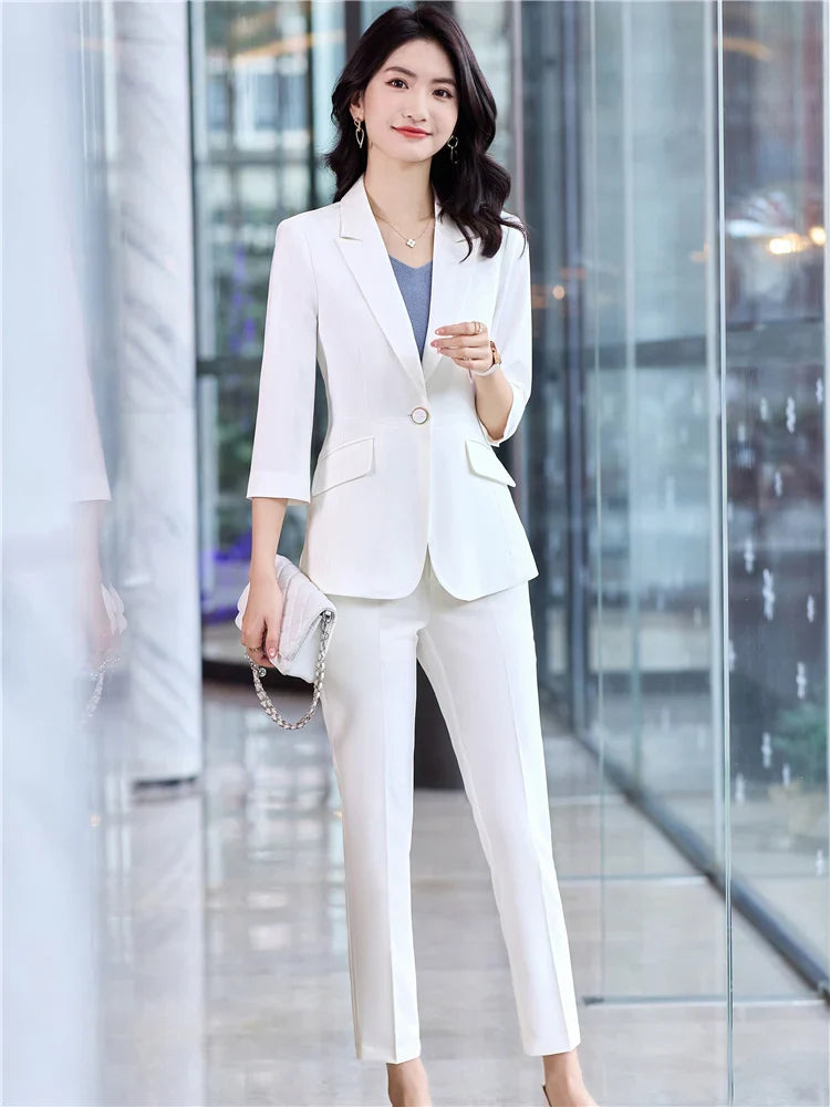 LVSANW Women's Office Suit Fashion Blazer Pantsuit Simple Solid Color 2024 Spring Summer Half Sleeve Top + Trousers 2 Piece Set Blazer