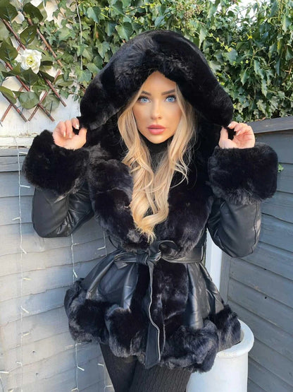 LVSANW Women's PU Leather Short Jackets Faux Fur Hooded Coats Tie Belt  Waist Elegant, Female Rabbit Fur Lined, Fashion, EE1492