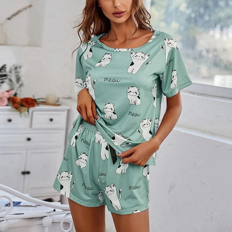 LVSANW Women's Pajamas Pj Set Summer Short Sleeve Tee Tops & Shorts Pyjama 2 Piece Sleepwear & Loungewear Home Clothing Pijama Suit