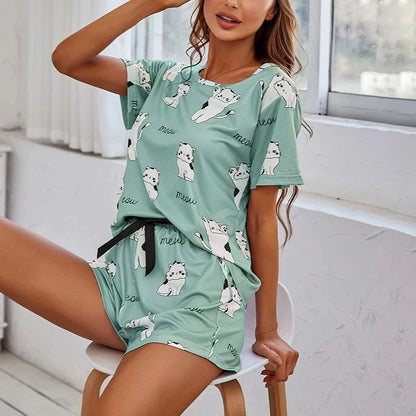 LVSANW Women's Pajamas Pj Set Summer Short Sleeve Tee Tops & Shorts Pyjama 2 Piece Sleepwear & Loungewear Home Clothing Pijama Suit