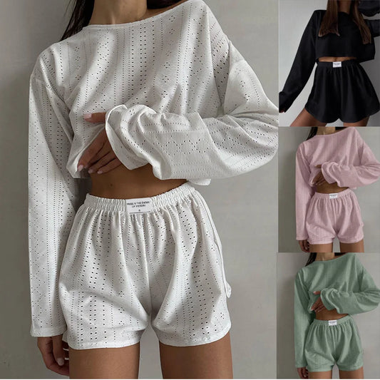 LVSANW Women's Pajamas Set Spring Long Sleeve Tops With Shorts Sleepwear 2 Piece Set Loose Round Neck Home Wear Loungewear Pyjama Femme