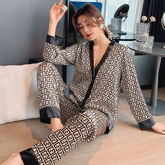 LVSANW Women's Pajamas Set V Neck Design Luxury Cross Letter Print Sleepwear Silk Like Home Clothes XXL Large Size Nightwear