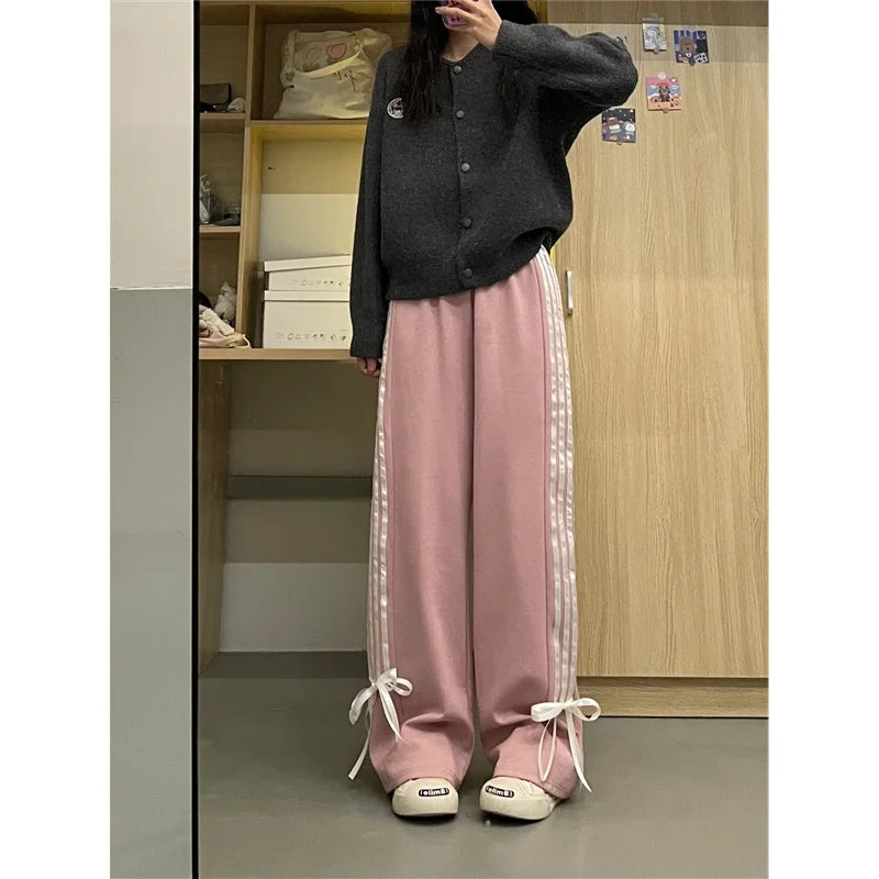 LVSANW Women's Pink Bow Apricot Sweatpants Y2k Retro 2000s High Waist Baggy Jogger Trousers Harajuku Streetwear Wide Pants Clothes 2024