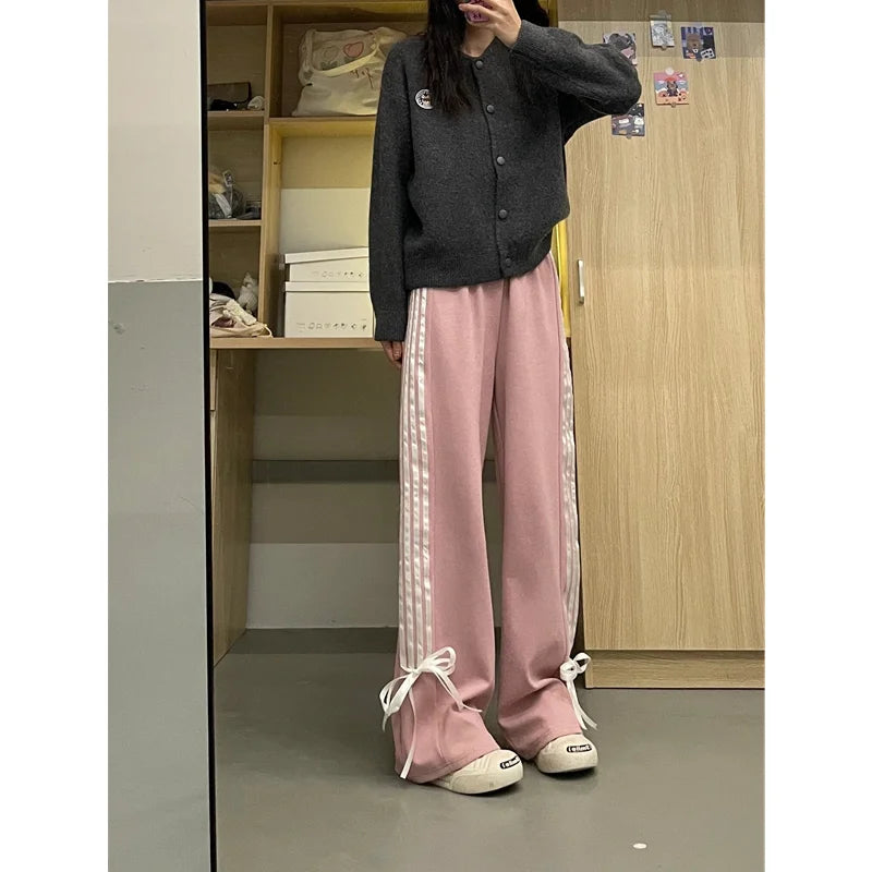 LVSANW Women's Pink Bow Apricot Sweatpants Y2k Retro 2000s High Waist Baggy Jogger Trousers Harajuku Streetwear Wide Pants Clothes 2024