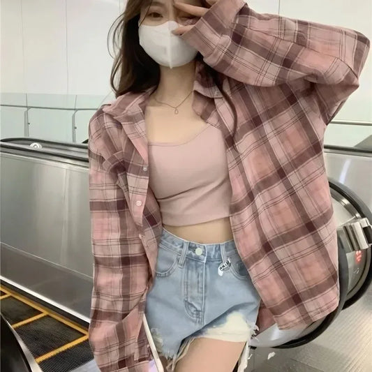 LVSANW Women's Plaid Blouse Shirt Korean Fashion Long Sleeve Green Pink Tops Female Button Up Harajuku Basic Cheap Women's Clothing