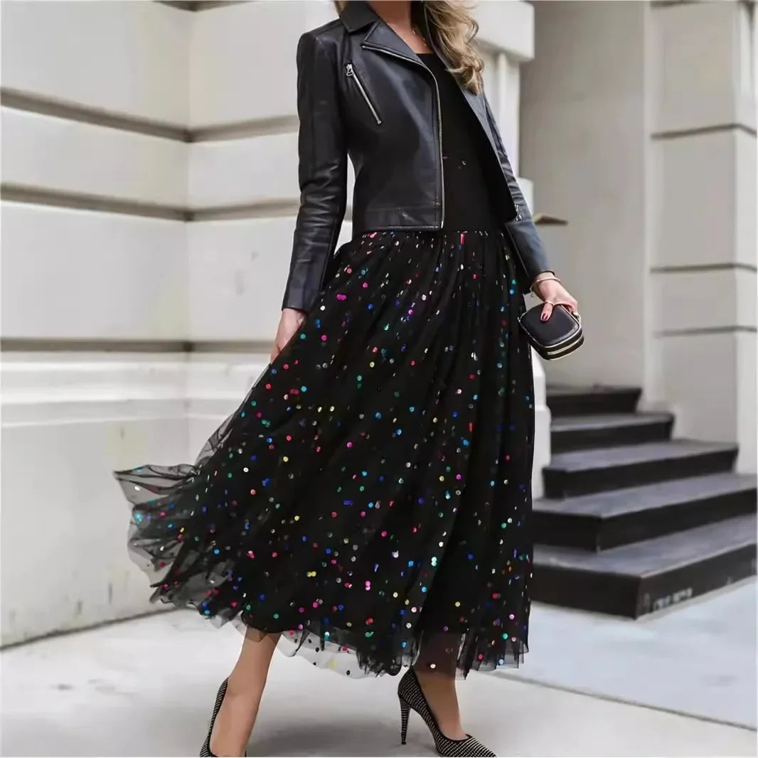 LVSANW Women's Plus Size Polka Dot Sequin Skirt High Waist Sexy Half Skirt For Spring Summer Plus Size Fashion