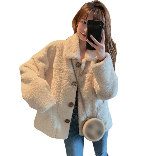 LVSANW Women's Plush Warm Jacket Artificial Lamb Down Jacket Loose Casual Turndown Collar Solid Color Coat Autumn Winter Outwear