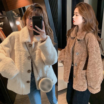 LVSANW Women's Plush Warm Jacket Artificial Lamb Down Jacket Loose Casual Turndown Collar Solid Color Coat Autumn Winter Outwear