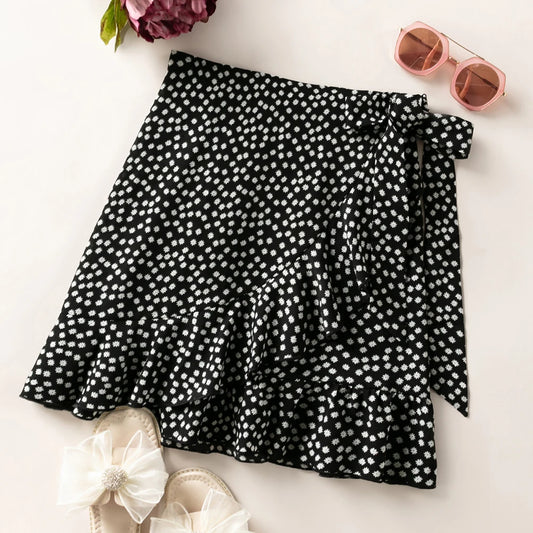 LVSANW Women's Polka Dots Floral Bow Short Loose Lrregular Ruffled Half Skirt