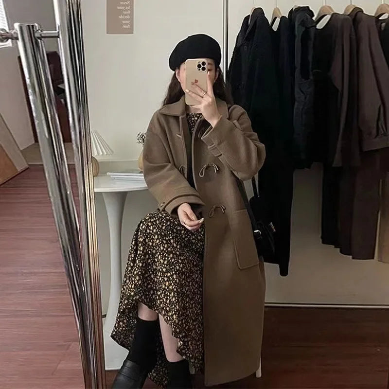 LVSANW Women's Preppy Style Horn Button Jacket Medium-length Petite Korean Version Woolen Coat Autumn/winter New Arrival