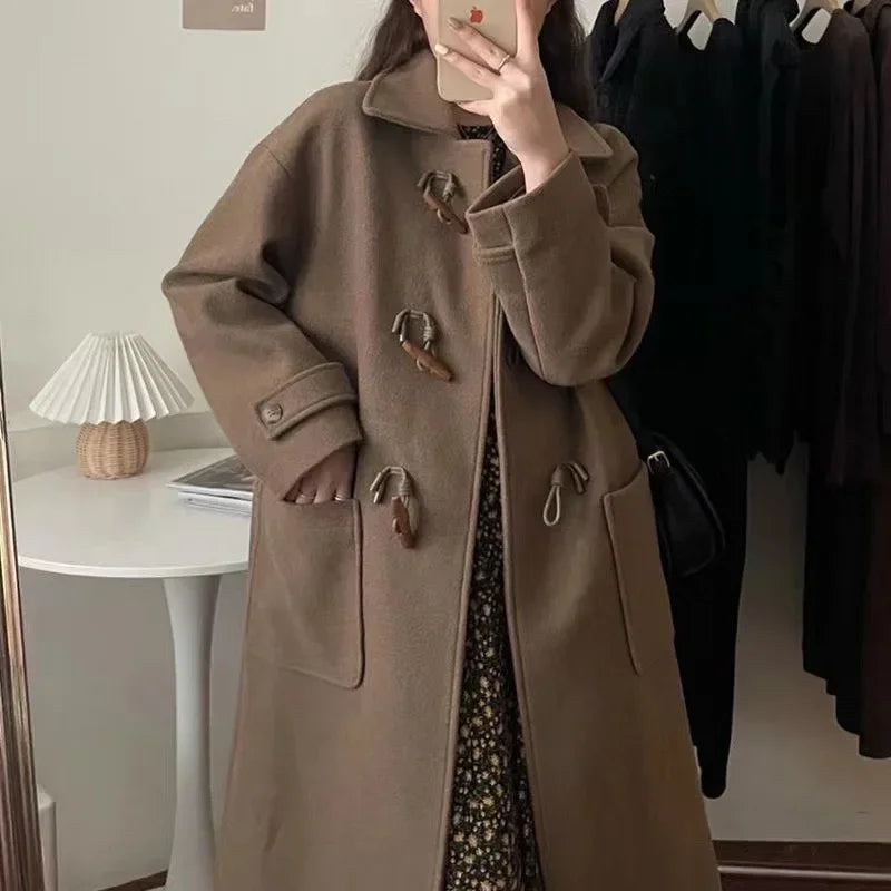 LVSANW Women's Preppy Style Horn Button Jacket Medium-length Petite Korean Version Woolen Coat Autumn/winter New Arrival