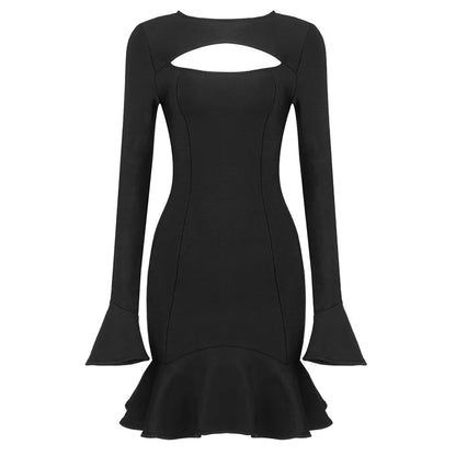 LVSANW Women's Ruffles Bandage Dress Long Flare Sleeve Hollow Out Bodycon White Black Mini Sexy Elegant Nightclub Evening Party Dresses