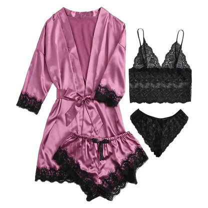 LVSANW Women's Satin Pajama Set 4pcs Floral Lace Trim Cami Lingerie Sleepwear with Robe Sleepwear Lace Cami Shorts Loungewear Pink