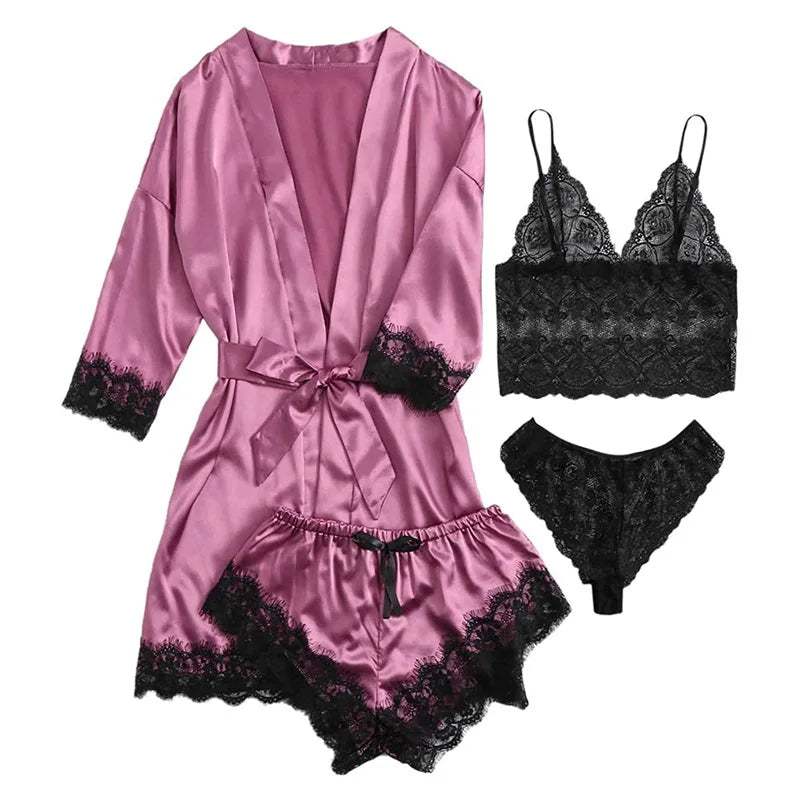 LVSANW Women's Satin Pajama Set 4pcs Floral Lace Trim Cami Lingerie Sleepwear with Robe Sleepwear Lace Cami Shorts Loungewear Pink