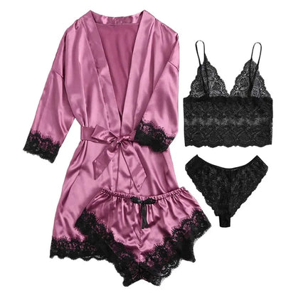 LVSANW Women's Satin Pajama Set 4pcs Floral Lace Trim Cami Lingerie Sleepwear with Robe Sleepwear Lace Cami Shorts Loungewear Pink