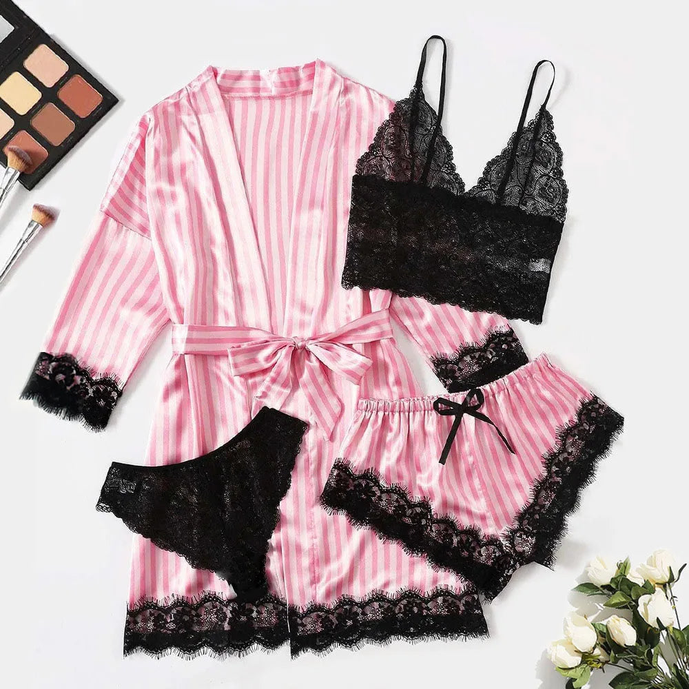 LVSANW Women's Satin Pajama Set 4pcs Floral Lace Trim Cami Lingerie Sleepwear with Robe Sleepwear Lace Cami Shorts Loungewear Pink