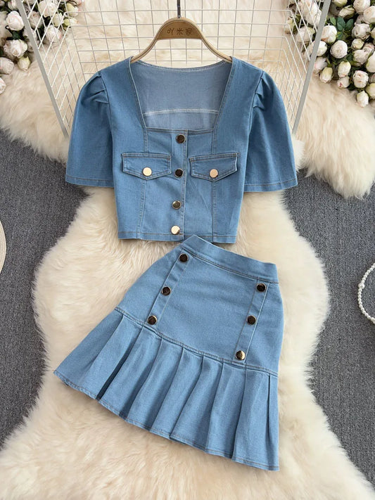 LVSANW Women's Set Jeans 2 Pieces Suits Woman Matching Sets Buttons Jumpers Mini Skirt Short Sleeve Female Clothes Costumes