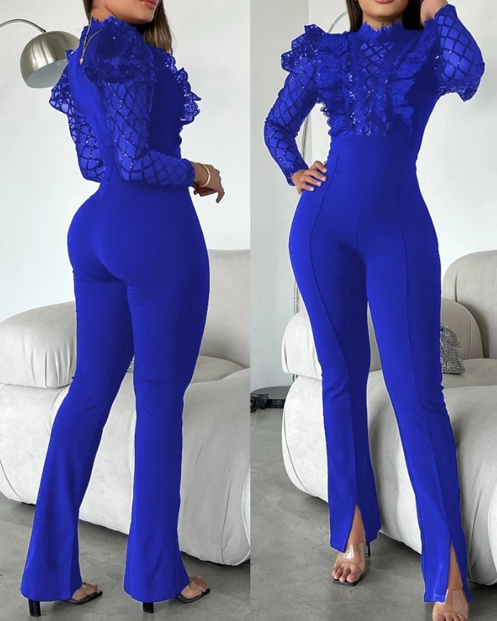 LVSANW Women's Sexy Jumpsuit 2025 Summer and Autumn Latest Urban British Style Shiny Silk Slim Romper Micro Flared Long Pants Bodysuit