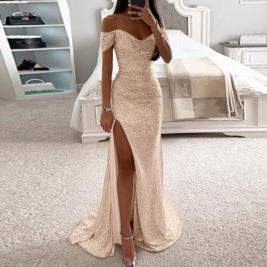 LVSANW Women's Sexy Strapless Sequins Evening Prom Dress Chic Off Shoulder High Slits Sparkling Party Maxi Dress Female Bridemaid Dress