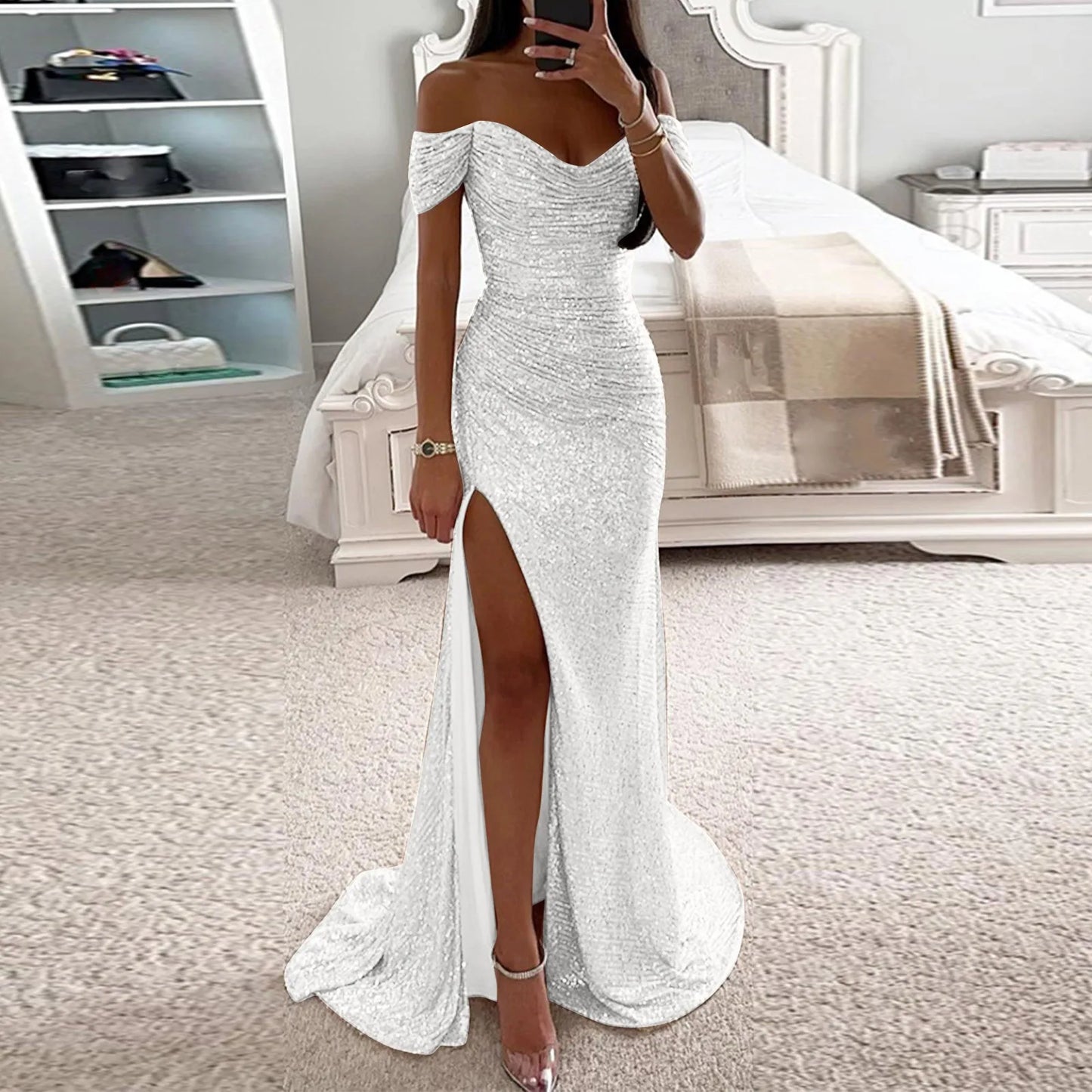 LVSANW Women's Sexy Strapless Sequins Evening Prom Dress Chic Off Shoulder High Slits Sparkling Party Maxi Dress Female Bridemaid Dress