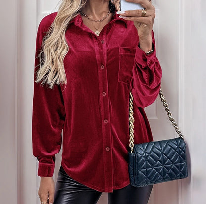 LVSANW Women's Shirt 2025 Winter Fashion New Long Sleeved Velvet Cardigan Top with Lapel Shirt Simple Casual Retro Elegant Shirt