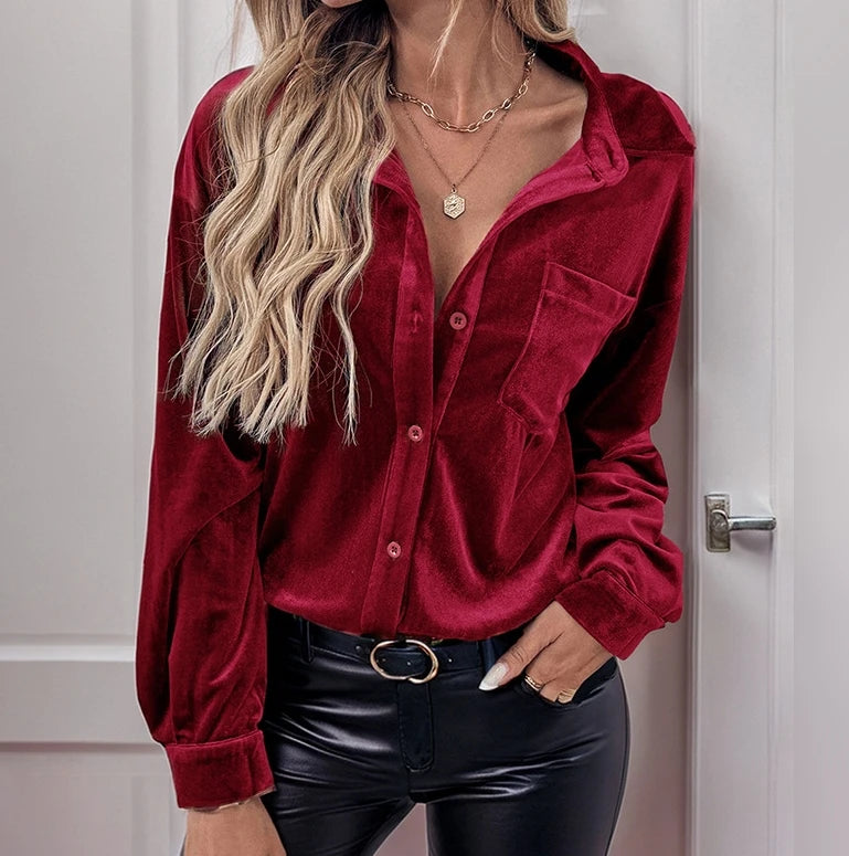 LVSANW Women's Shirt 2025 Winter Fashion New Long Sleeved Velvet Cardigan Top with Lapel Shirt Simple Casual Retro Elegant Shirt