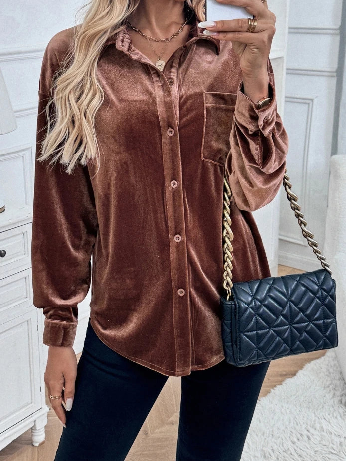 LVSANW Women's Shirt 2025 Winter Fashion New Long Sleeved Velvet Cardigan Top with Lapel Shirt Simple Casual Retro Elegant Shirt