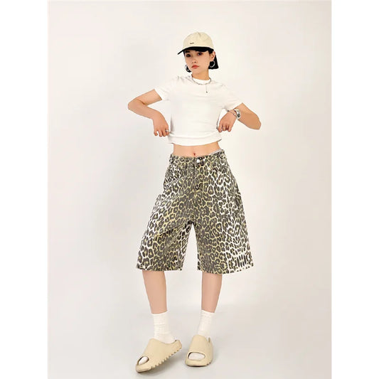 LVSANW Women's Shorts Jeans Leopard High Waist Straight Pants Streetwear Harajuku Y2K Vintage Female Wide Leg Denim Five Points Trouser