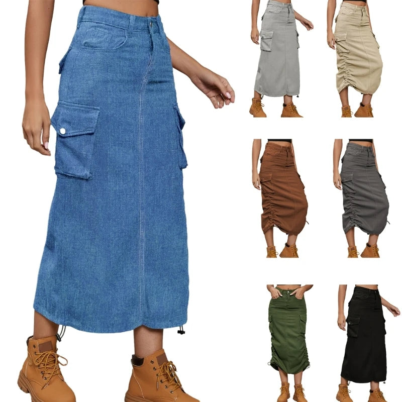 LVSANW Women's Side Drawstring High Waist Cargo Skirt Solid Color Casual A Line Long Skirts with Pockets Y2K Jean Midi Skirt