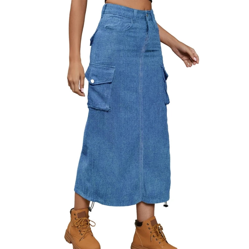 LVSANW Women's Side Drawstring High Waist Cargo Skirt Solid Color Casual A Line Long Skirts with Pockets Y2K Jean Midi Skirt