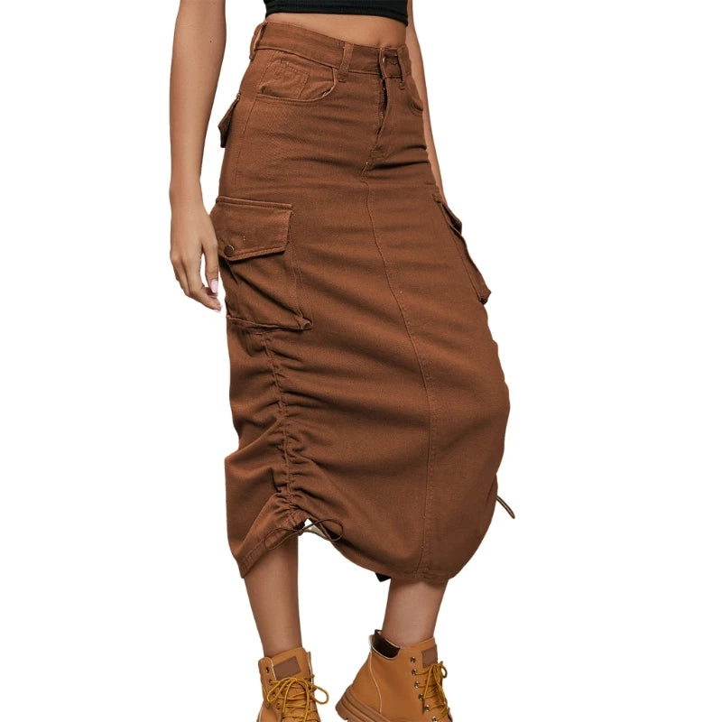 LVSANW Women's Side Drawstring High Waist Cargo Skirt Solid Color Casual A Line Long Skirts with Pockets Y2K Jean Midi Skirt