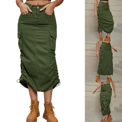 LVSANW Women's Side Drawstring High Waist Cargo Skirt Solid Color Casual A Line Long Skirts with Pockets Y2K Jean Midi Skirt