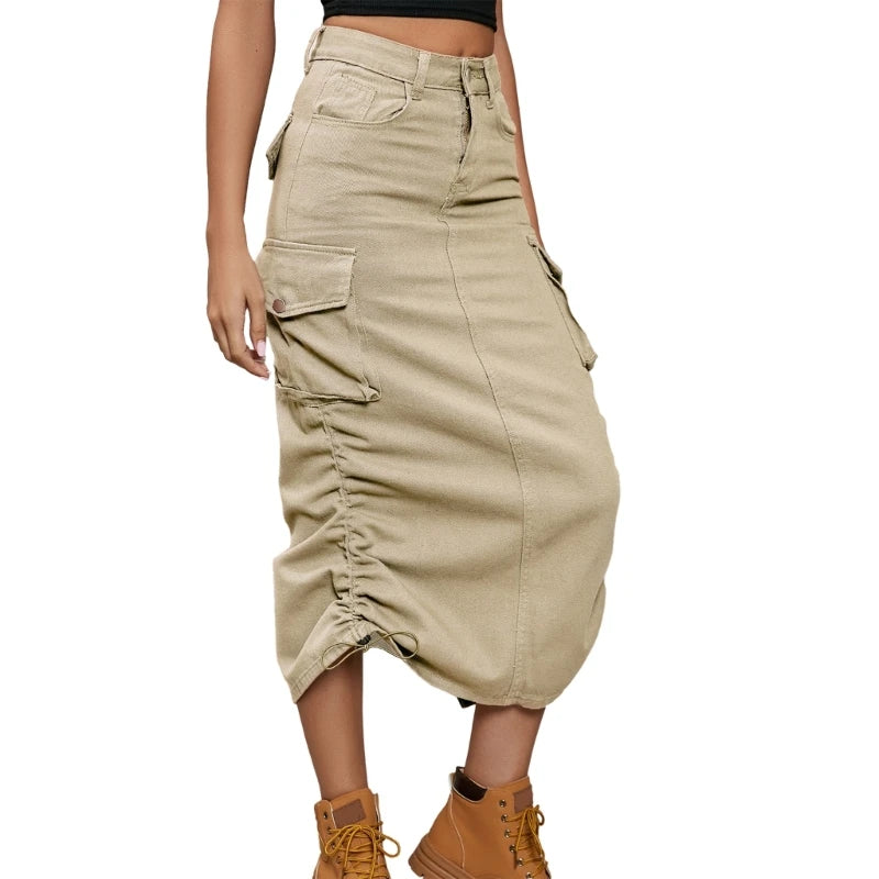 LVSANW Women's Side Drawstring High Waist Cargo Skirt Solid Color Casual A Line Long Skirts with Pockets Y2K Jean Midi Skirt