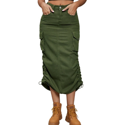 LVSANW Women's Side Drawstring High Waist Cargo Skirt Solid Color Casual A Line Long Skirts with Pockets Y2K Jean Midi Skirt