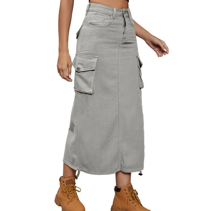 LVSANW Women's Side Drawstring High Waist Cargo Skirt Solid Color Casual A Line Long Skirts with Pockets Y2K Jean Midi Skirt