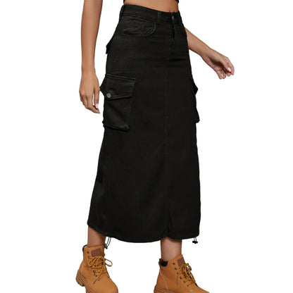 LVSANW Women's Side Drawstring High Waist Cargo Skirt Solid Color Casual A Line Long Skirts with Pockets Y2K Jean Midi Skirt