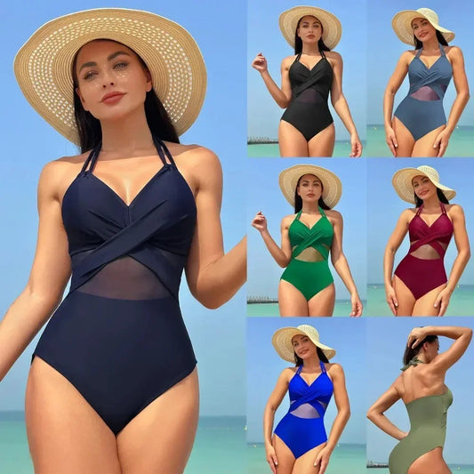 LVSANW Women's Solid Color Mesh Wholesale European and American One-piece Swimsuit  Swimwear Women