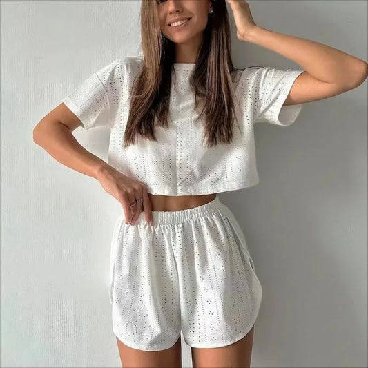 LVSANW Women's Solid Pajamas Set Summer Casual Women's Short Sleeve Tops Shorts Sleepwear 2 Piece Set Loose Round Neck Home Loungewear