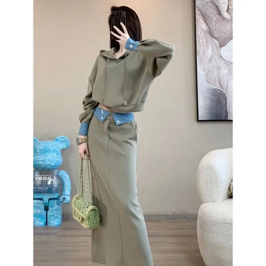 LVSANW Women's Spring Autumn Fashion Clothing Matching Sets Short Hooded Sweatshirts Midi Skirts Two Piece Suits 2024 Tops Skirt Outfit