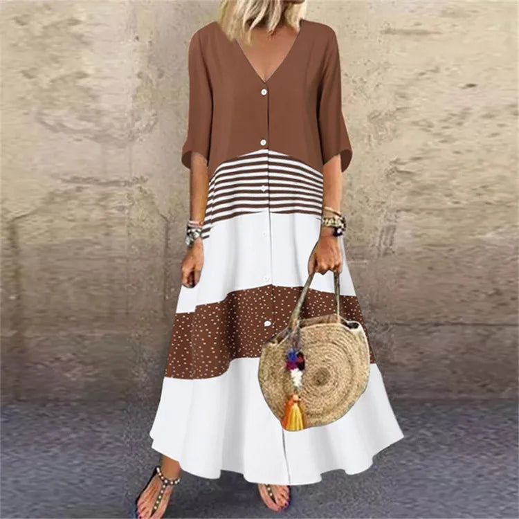 LVSANW Women's Spring Summer New Style Sexy V-neck Fashion Printed Long One Shoulder Dress Casual Loose Five Sleeve Long Dress