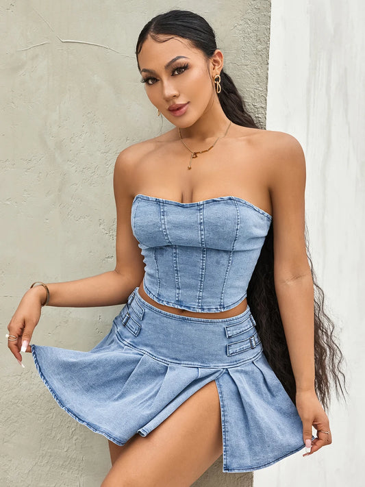 LVSANW Women's Summer 2PCS Outfit Sets Solid Color Sleeveless Off Shoulder Zipper Bandeau + Pleated Denim Skirt