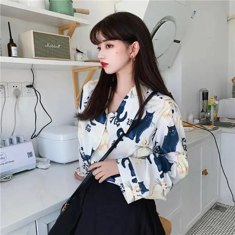 LVSANW Women's Summer Blouse Black Cat Print Short Sleeve T-Shirts Ladies Trend Casual Exotic Japan Style White Women's Long Sleeve Top