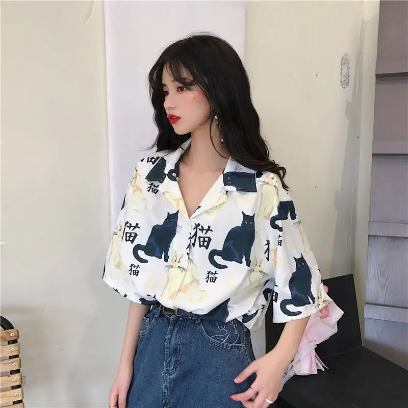 LVSANW Women's Summer Blouse Black Cat Print Short Sleeve T-Shirts Ladies Trend Casual Exotic Japan Style White Women's Long Sleeve Top