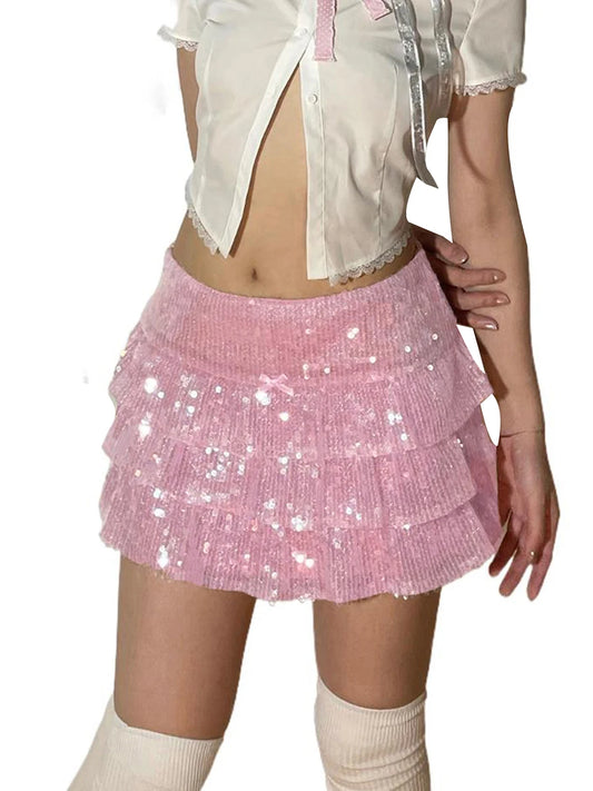 LVSANW Women s Summer Ruffle Mini Skirt Fashion Pink Layered Ruffle Streetwear High Waisted Tiered Short Sequins Skirt