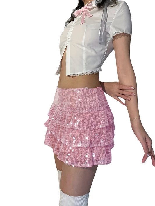 LVSANW Women s Summer Ruffle Mini Skirt Fashion Pink Layered Ruffle Streetwear High Waisted Tiered Short Sequins Skirt