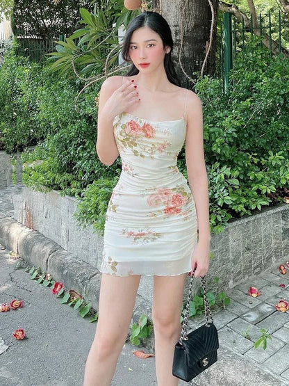 LVSANW Women's Summer Short Dress New Sweet Printed Halter Mesh Slim Retro Flower Dresses