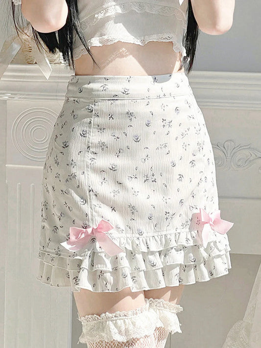 LVSANW Women s Summer Skirt with Satin Bow Floral Print High Waist Ruffled Hem Mini A-Line Chiffon Skirt